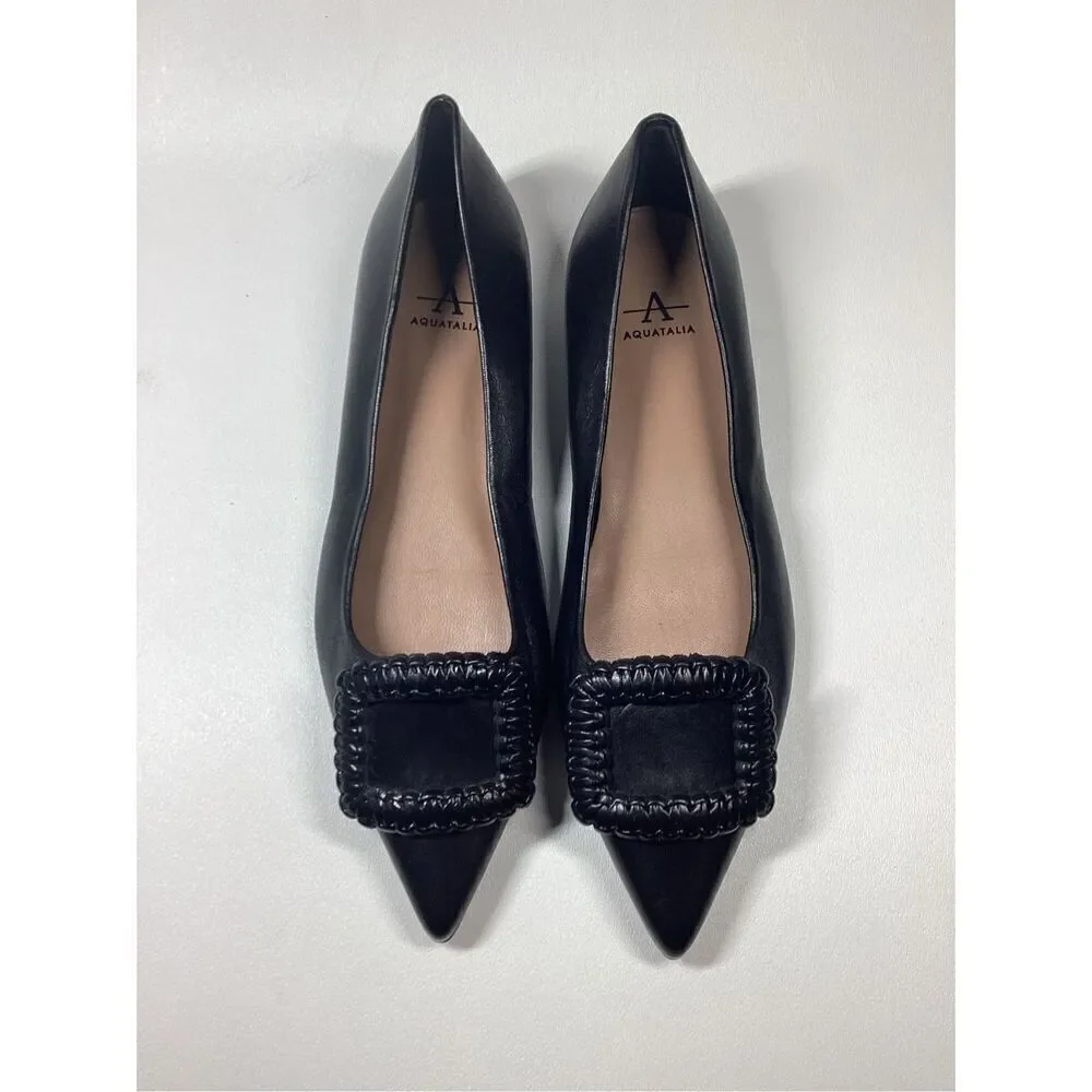 Aquatalia Adorned Black Woven‎ Leather Square Toe Flats  Size 7